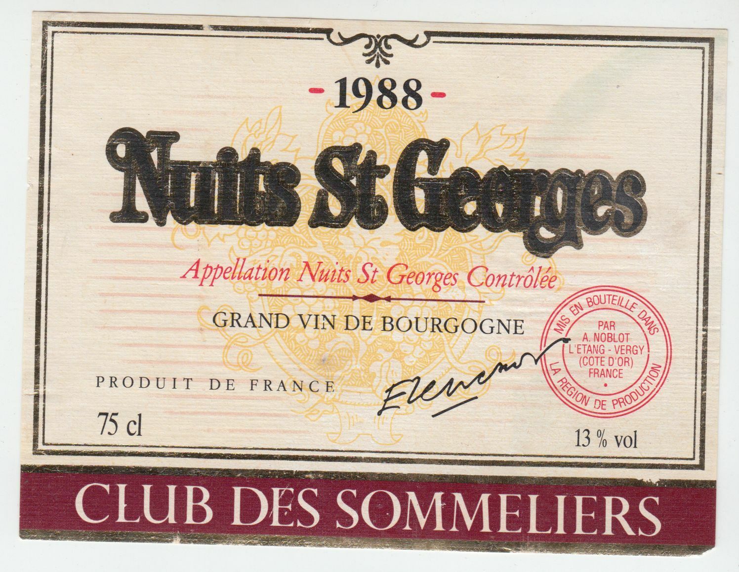 ETIQUETTE DE VIN NUITS SAINT GEORGES 1988 CLUB DES SOMMELIERS 124552112064