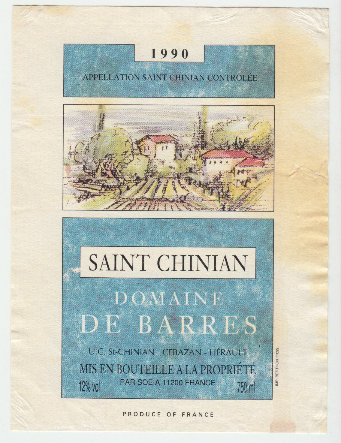 ETIQUETTE DE VIN SAINT CHINIAN DOMAINE DE BARRES 1990 402654737174