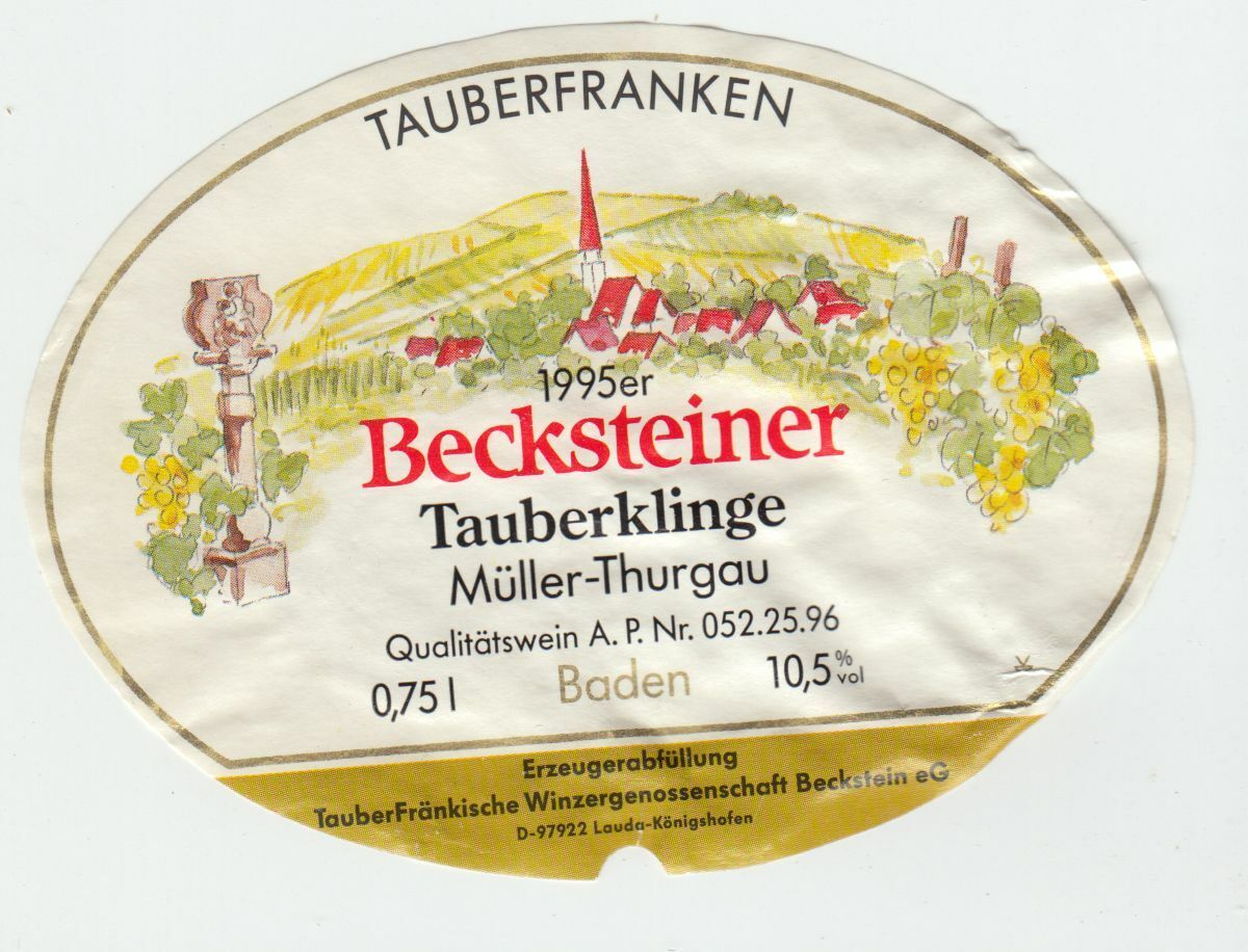 ETIQUETTE DE VIN TAUBERFRANKEN 1995 BECKSTEINER TAUBERKLINGE MULLER THURGAU 124438225784