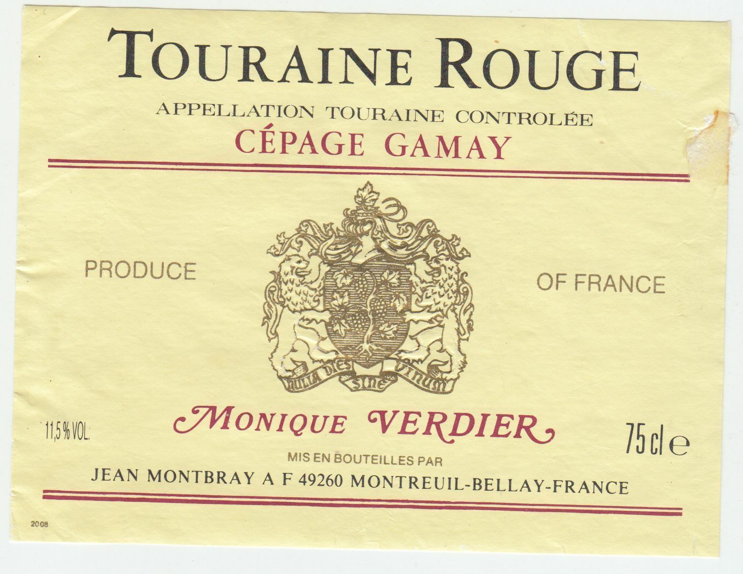 ETIQUETTE DE VIN TOURAINE ROUGE CEPAGE GAMAY MONIQUE VERDIER 402631697824