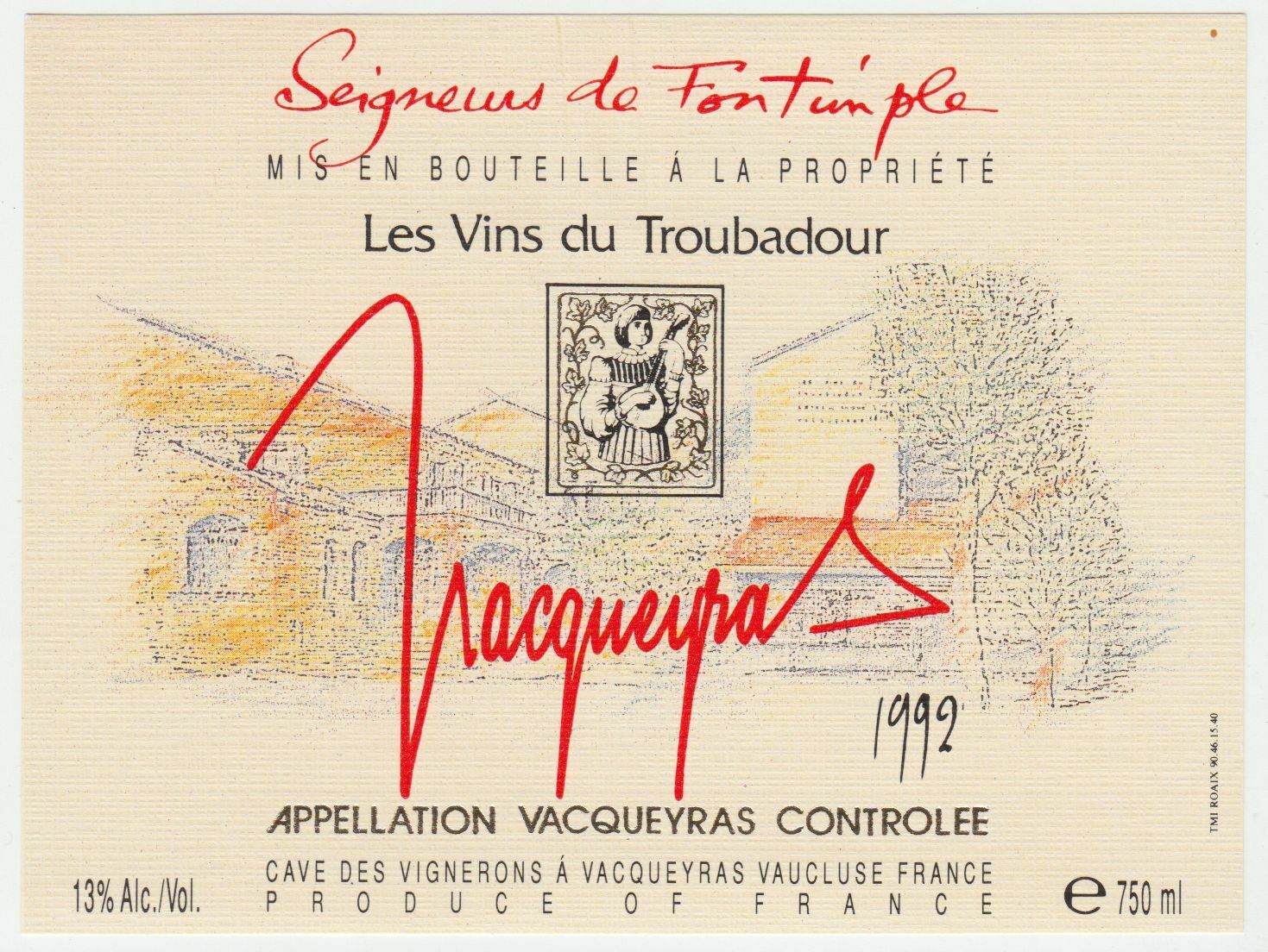 ETIQUETTE DE VIN VACQUEYRAS 1992 LES VINS DU TROUBADOUR 124461947814