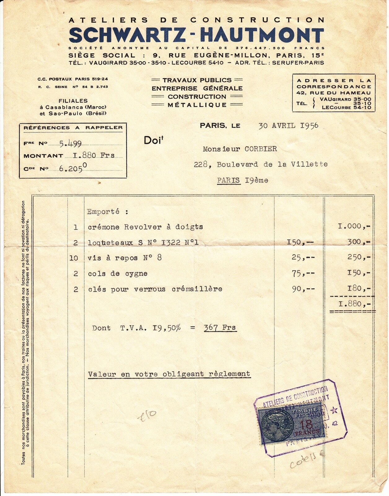 FACTURE ATELIER CONSTRUCTION SCHWART HAUTMONT PARIS 1956 TIMBRES FISCAUX 401121127524