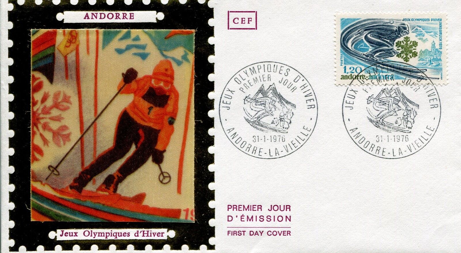 FDC PREMIER JOUR ANDORRE 1976 TIMBRE N 251 SPORT SKIE EPREUVE DE DESCENTE 121463028934