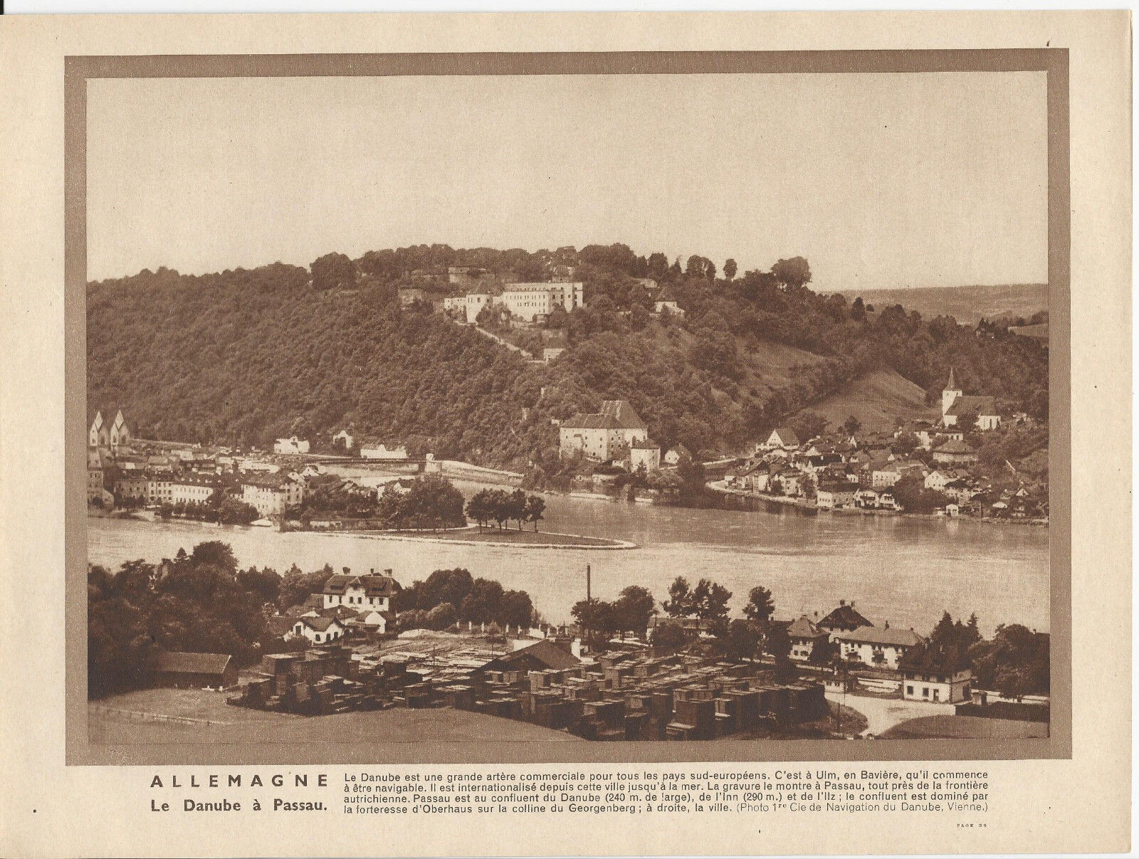 GRAVURE ANNEE 30 ALLEMAGNE LE DANUBE A PASSAU FORTERESSE D OBERHAUS 401277331934