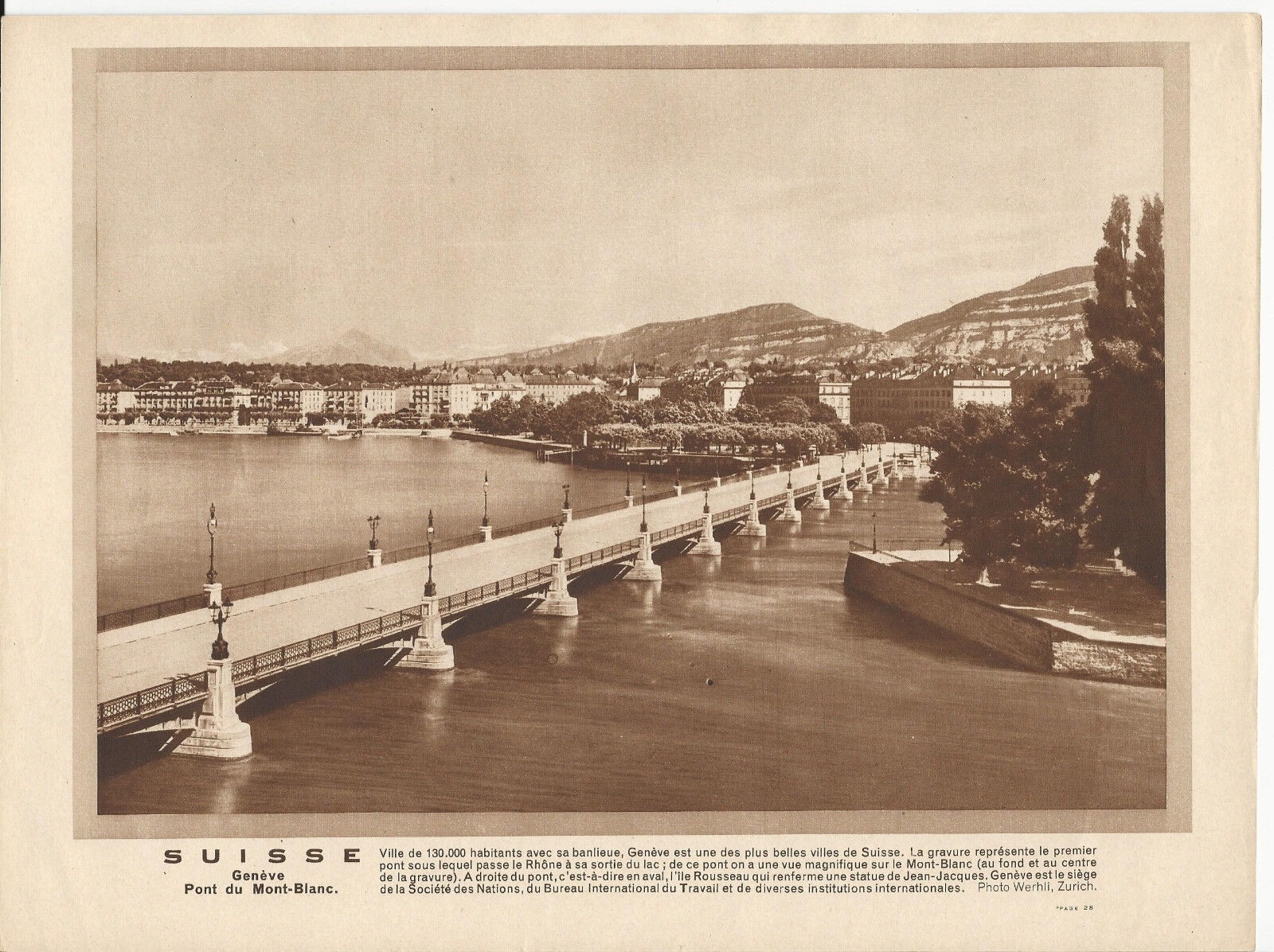 GRAVURE ANNEE 30 SUISSE GENEVE PONT DU MONT BLANC ILE ROUSSEAU 401276163244