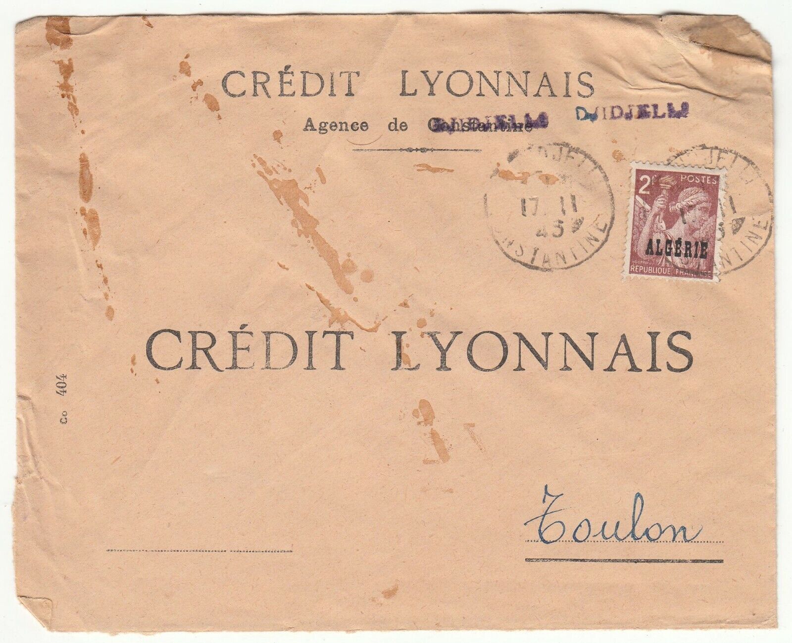 LETTRE ALGERIE AGENCE DE DJIDJELLA TOULON CREDIT LYONNAIS 1945 123741889324