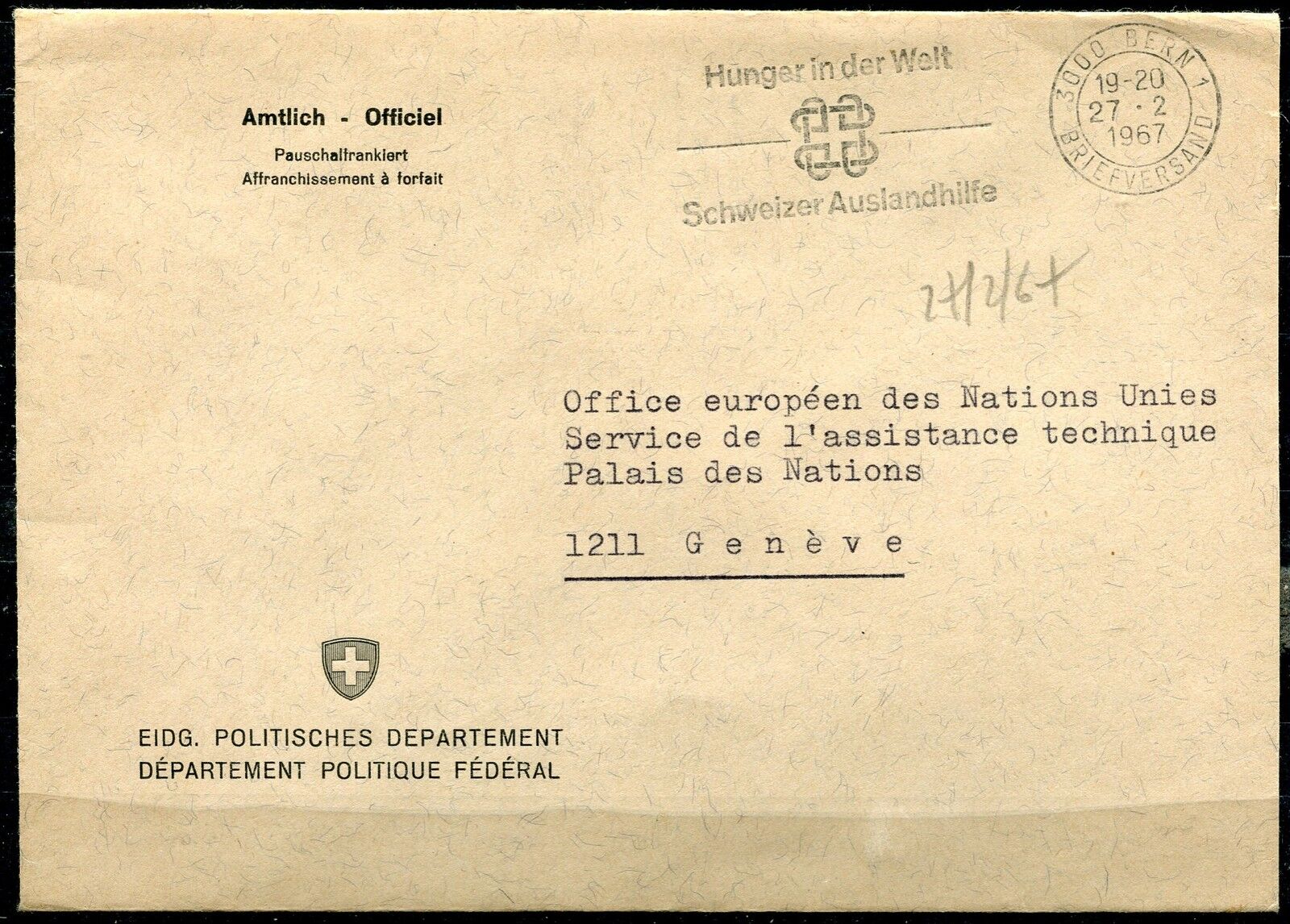 LETTRE BERN POUR GENEVE SUISSE 1967 FLAMME DEPARTEMENT POLITIQUE FEDERAL 121000002024