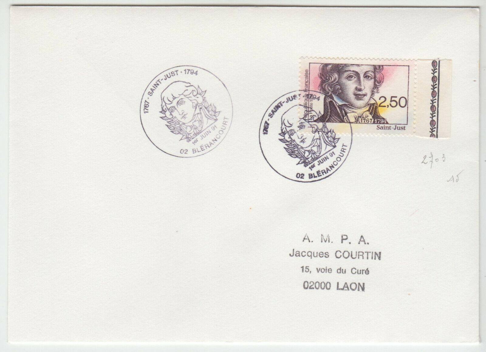 LETTRE BLERANCOURT POUR LAON 1991 CACHET SAINT JUSTE 124074937014