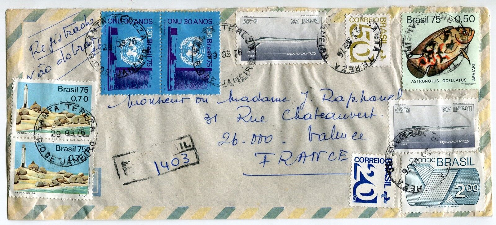 LETTRE BRESIL SANTA TEREZA POUR VALENCE FRANCE 1976 RECOMMANDETIMBRE CONCORDE 121295964144