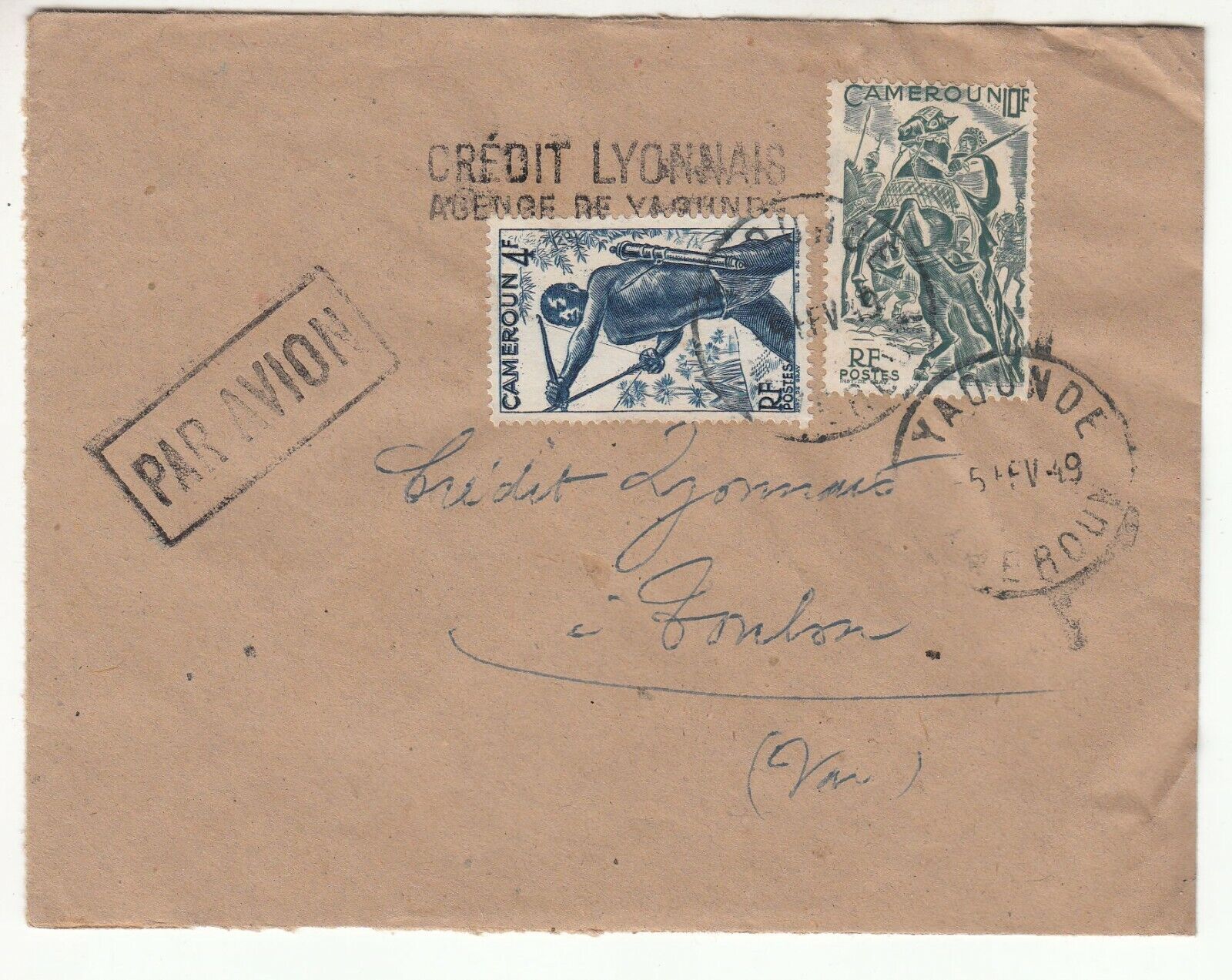 LETTRE CAMEROUN AGENCE DE YAOUNDE POUR TOULON 1949 CREDIT LYONNAIS PAR AVION 123743726764