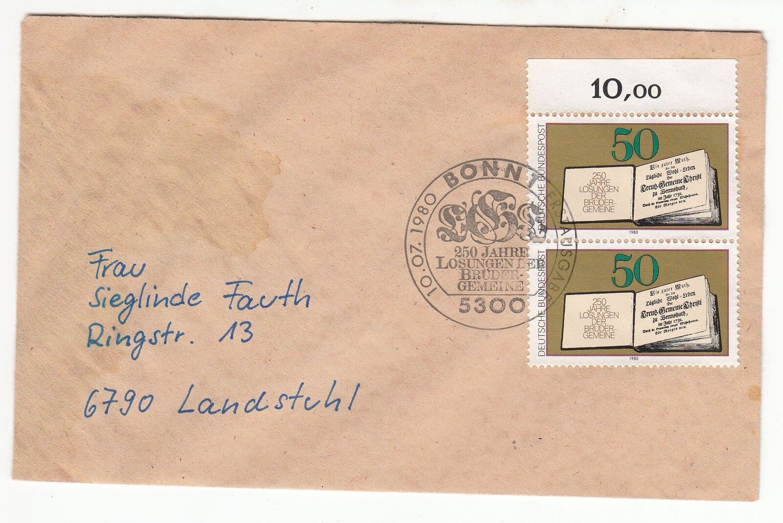 LETTRE COMMEMORATIVE ALLEMAGNE TIMBRE N 900 PAIRE FRERES MORAVES 121889026354