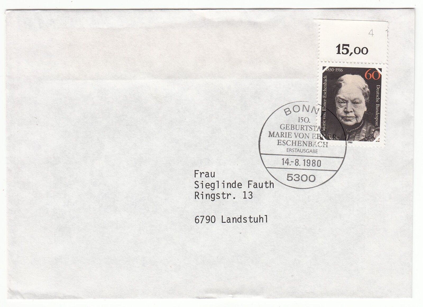 LETTRE COMMEMORATIVE ALLEMAGNE TIMBRE N 903 MARIE VON EBNER SCHENBACH 401068353334