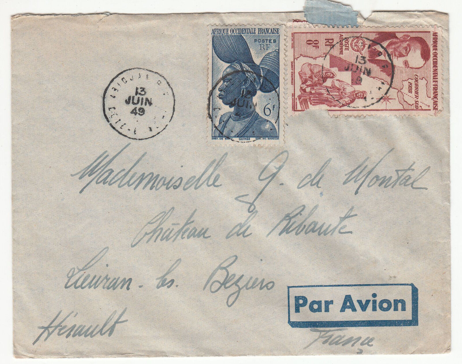 LETTRE COTE D IVOIRE POUR BEZIER 1949 PAR AVION 122858533744