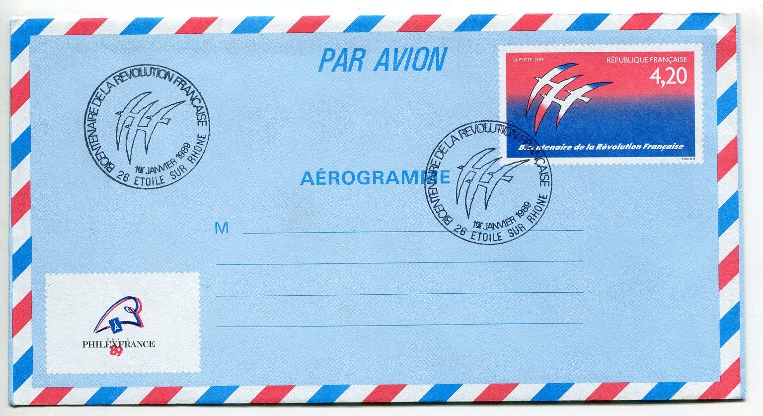 LETTRE ETOILE SUR RHONE AEROGRAMME PREMIER JOUR BICENTENAIRE REVOLUTION 400566831204