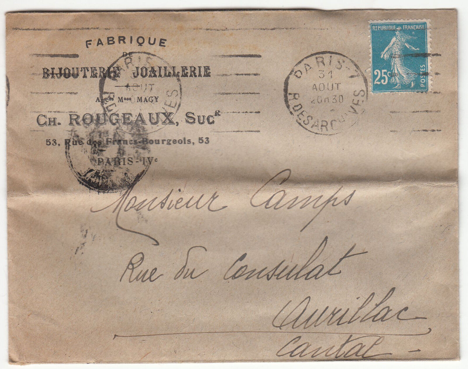 LETTRE FABRIQUE BIJOUTERIE CH ROUGEAUX PARIS AURILLAC 1921 LETTRE 401462842454