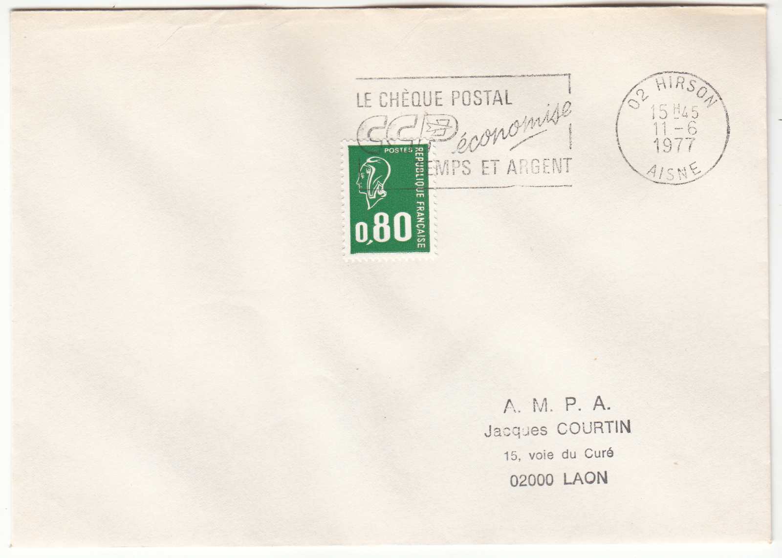 LETTRE HIRSON POUR LAON FLAMME CCP LE CHEQUE POSTAL 1977 402063966534