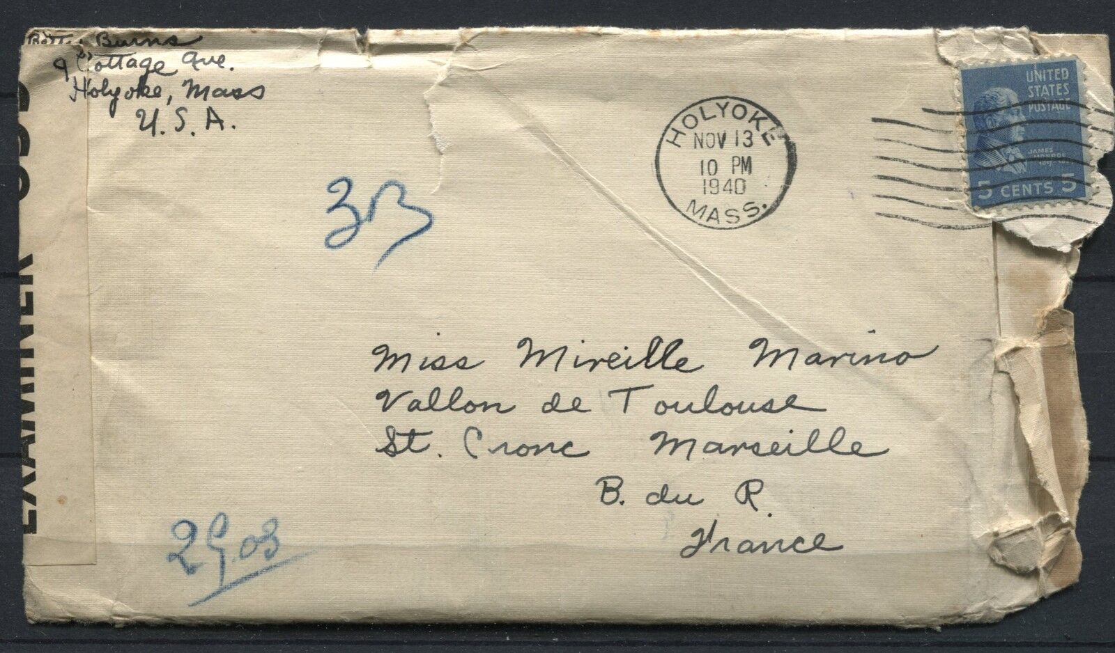 LETTRE HOLYOKE POUR MARSEILLE 1940 OPENED BY EXAMINER 833 120969399404