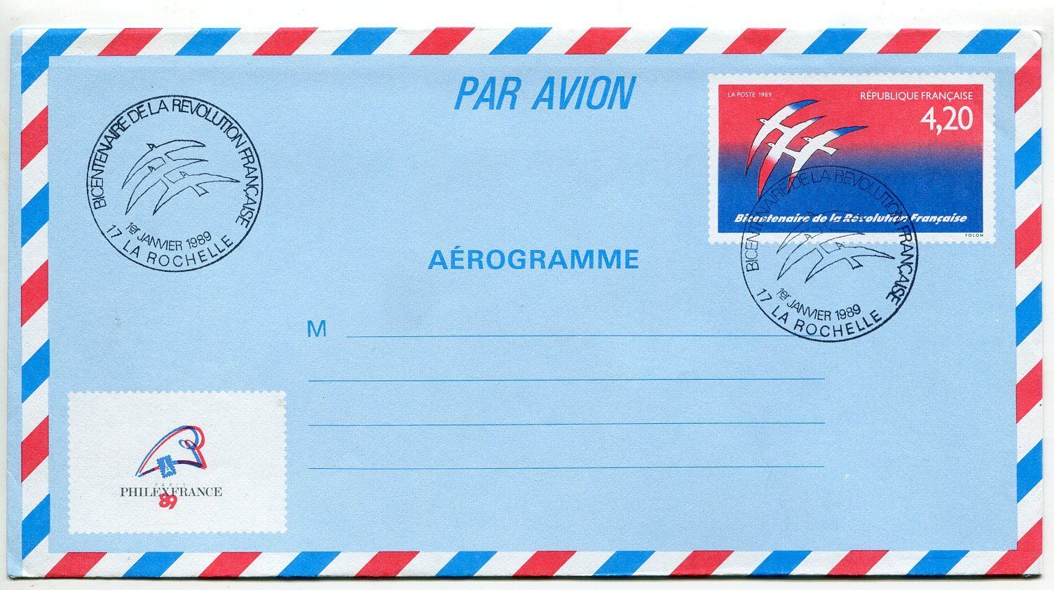 LETTRE LA ROCHELLE AEROGRAMME PREMIER JOUR BICENTENAIRE REVOLUTION 400567019574