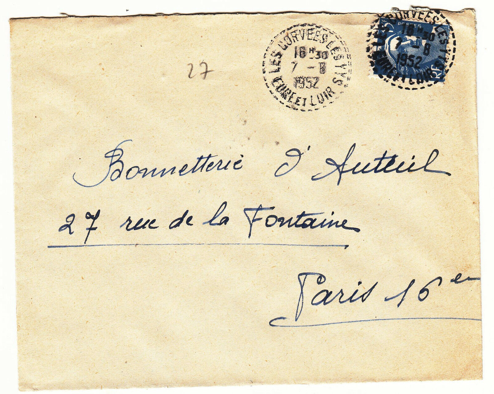 LETTRE LES CORVEES LES LYS POUR PARIS 1952 GANDON CACHET PERLE 123903727514