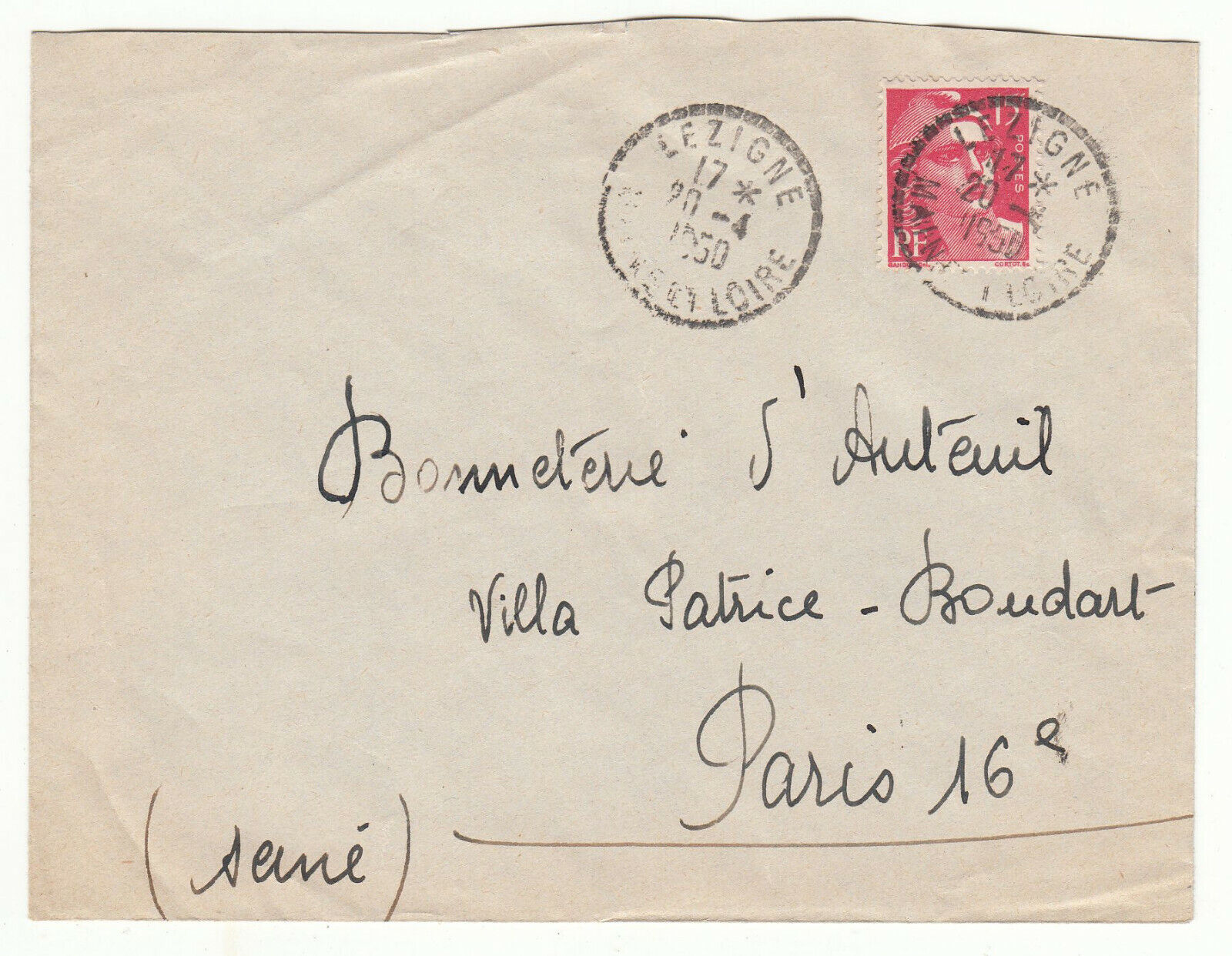 LETTRE LEZIGNE POUR PARIS SEUL SUR LETTRE GANDON CACHET PERLE 1950 123849427734