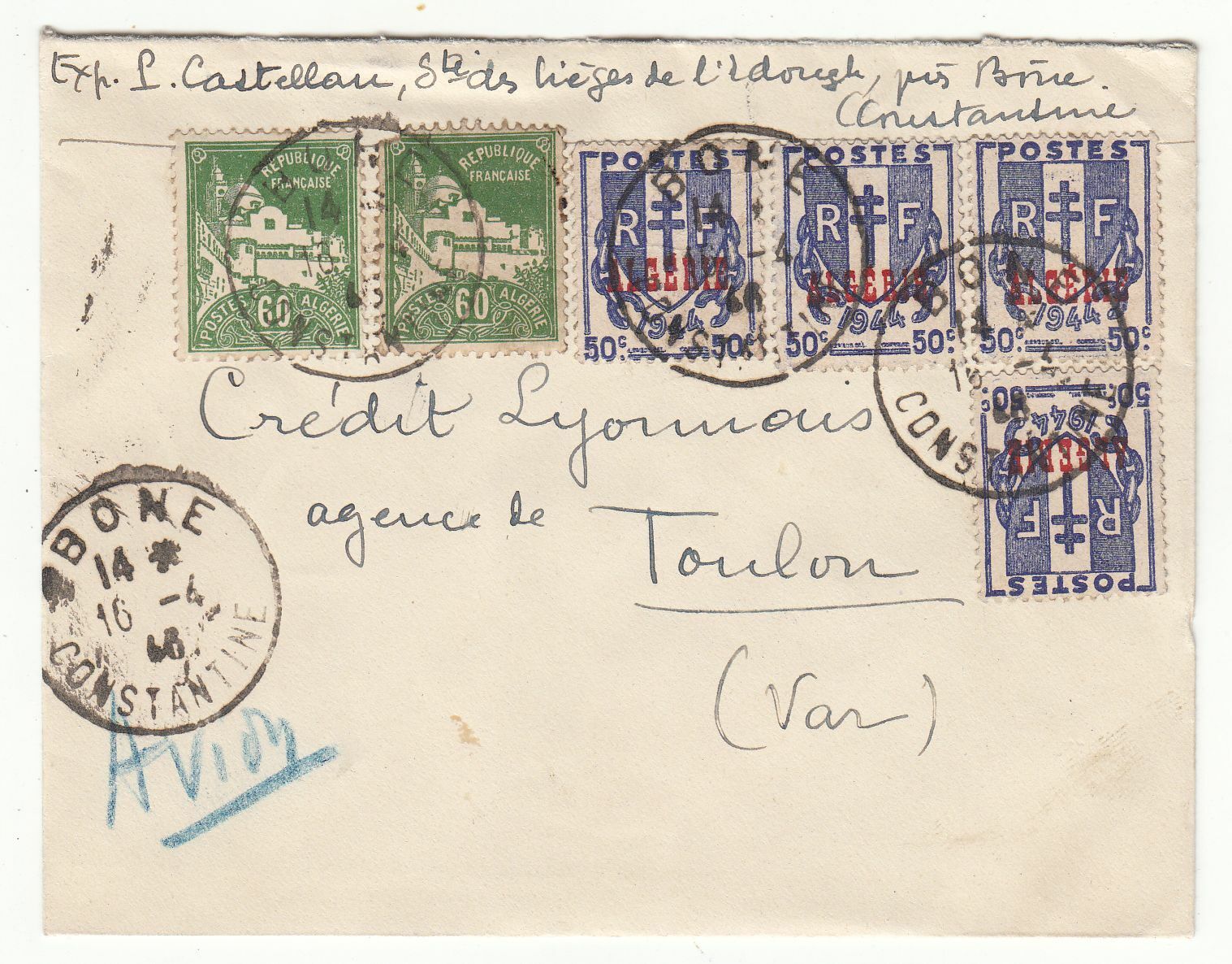 LETTRE MAROC BONE CONSTANTINE EDOUGH POUR TOULON 1946 CREDIT LYONNAIS 123743120944