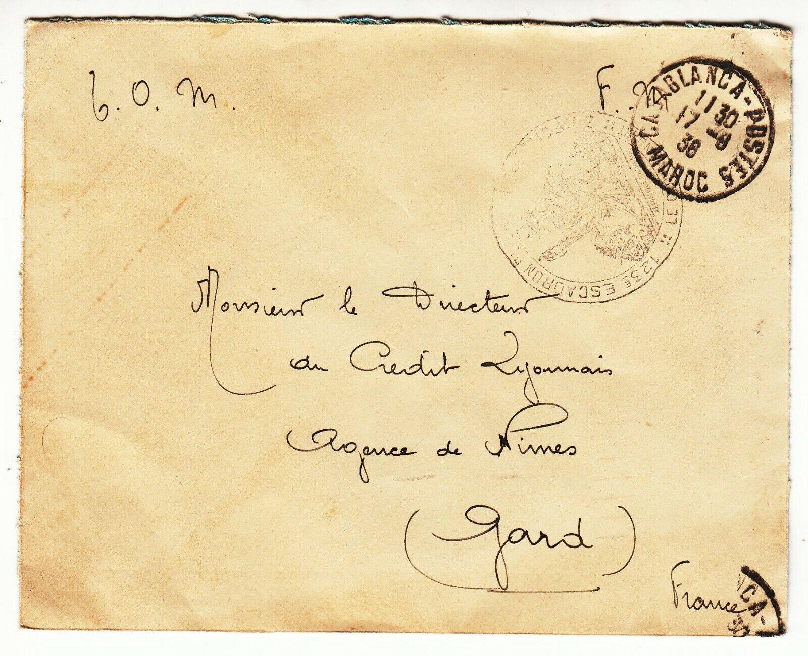 LETTRE MAROC CASABLANCA POUR TOULON 1936 CREDIT LYONNAIS CACHET 123 ESCADRON 401753712334