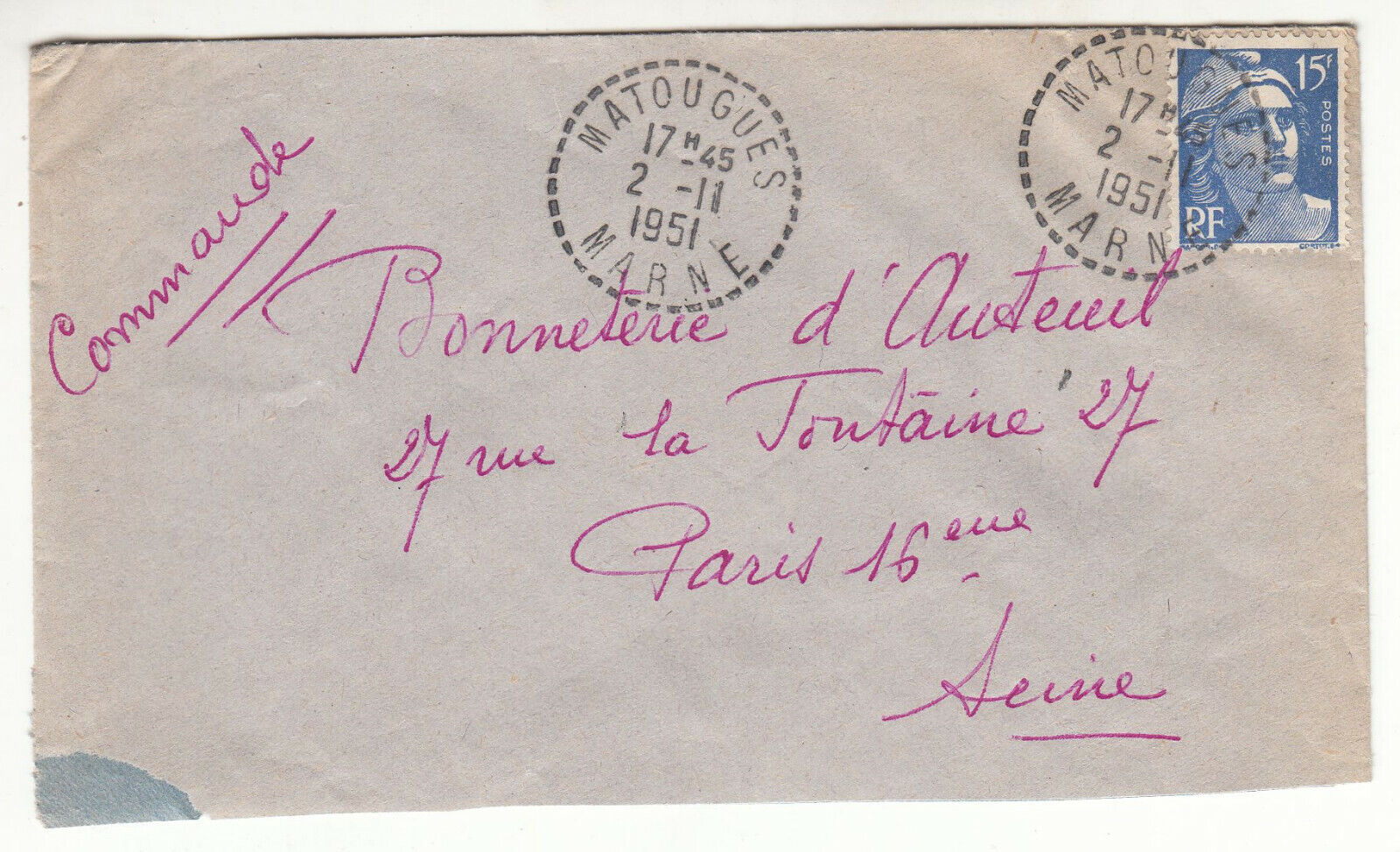 LETTRE MATOUGUES POUR PARIS 16 SEUL SUR LETTRE GANDON CACHET PERLE 123849411204