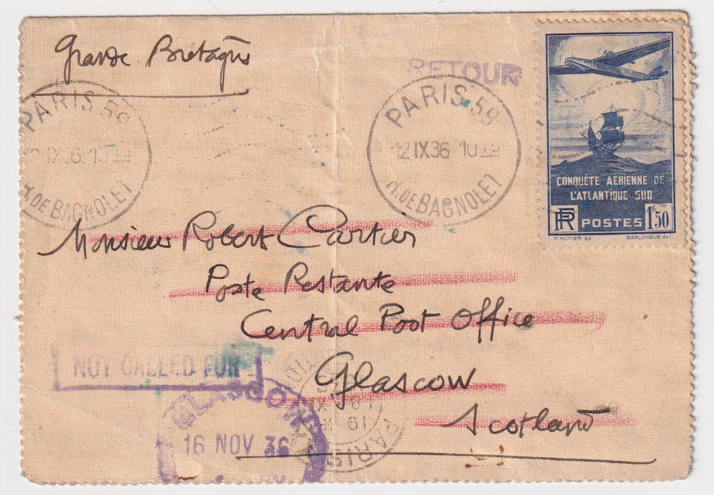 LETTRE PARIS POUR GLASCOW 1936 NON RECLAME REBUT TIMBRE N 320 CORRESPONDANCE 124959846654