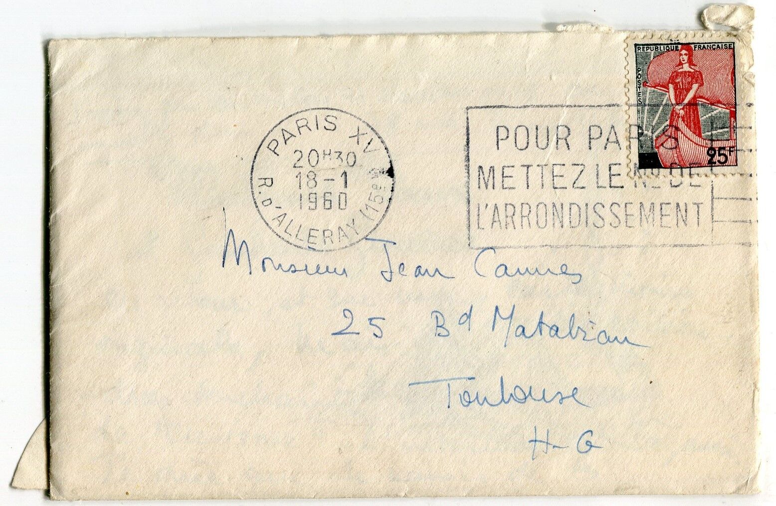 LETTRE PARIS XV POUR TOULOUSE 1960 CACHET FLAMME AVEC CARTE DE VOEUX 400678765974