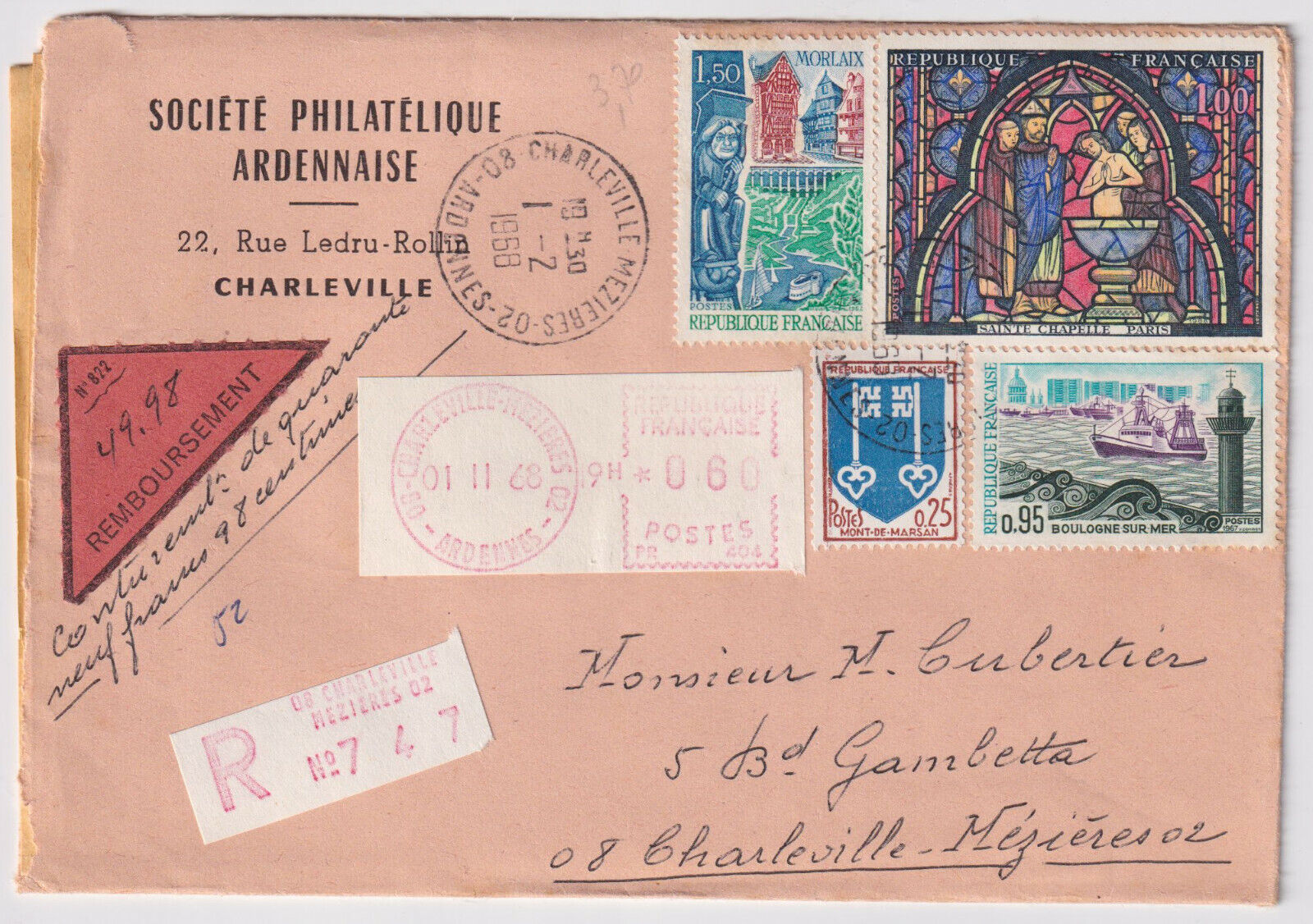 LETTRE PHILATELIQUE RECOMMANDEE 1968 POUR CHARLEVILLE CONTRE REMBOURSEMENT 402990183394