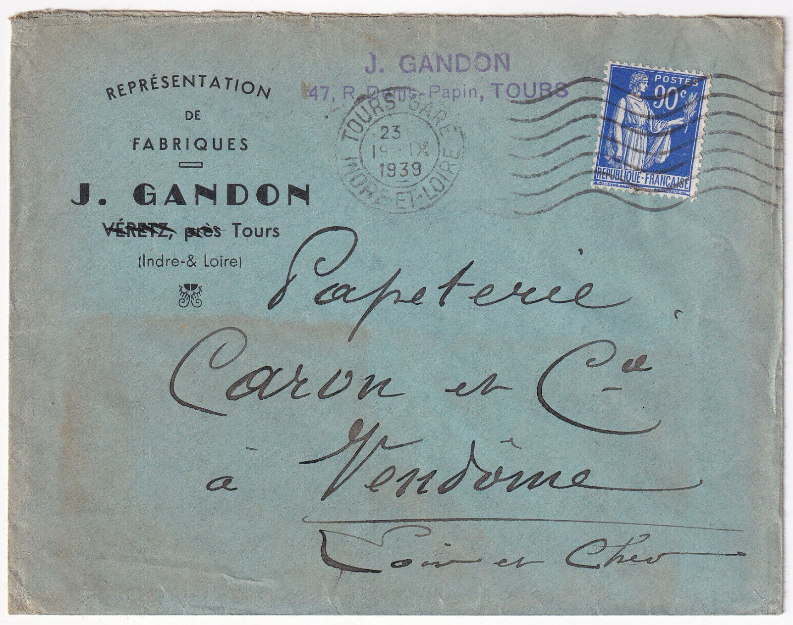 LETTRE PUBLICITAIRE 1939 REPRESENTATION DE FABRIQUES J GANDON TOURS 403239163294