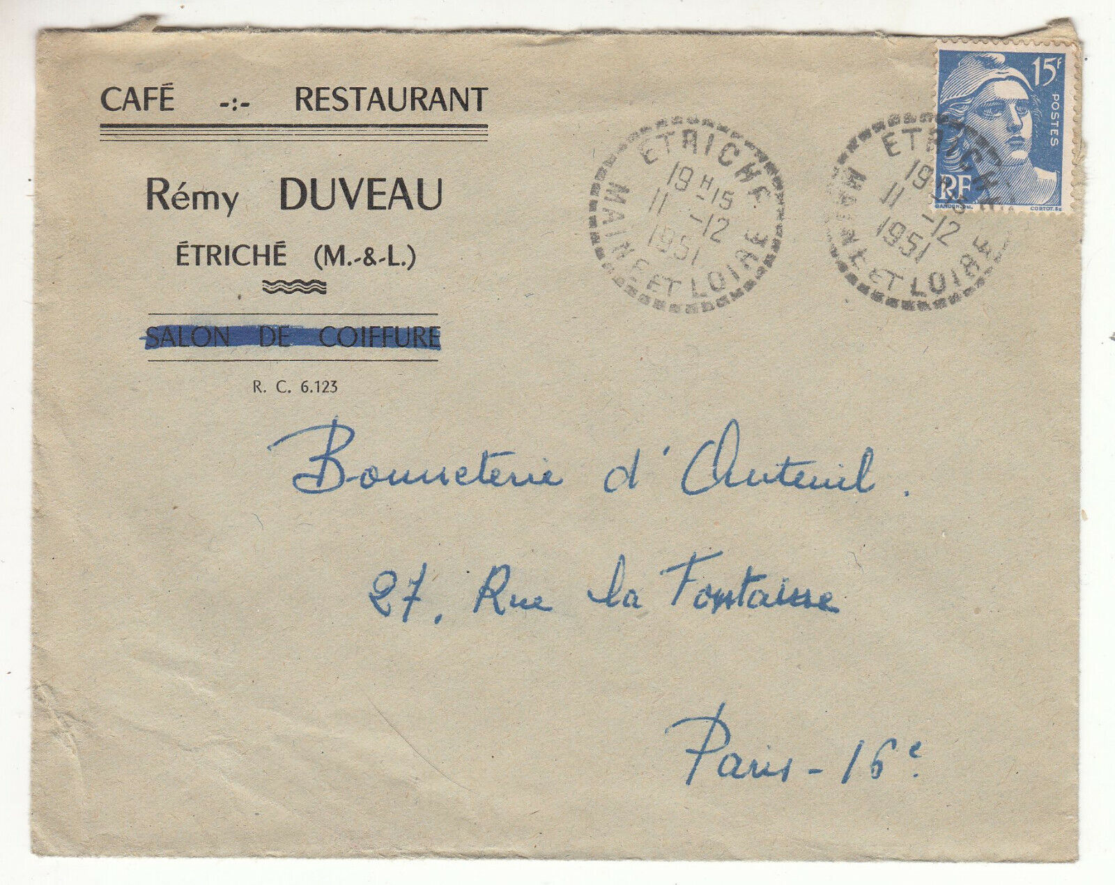 LETTRE PUBLICITAIRE CAFE RESTAURANT REMY DUVEAU ETRICHE PARIS 1951 CACHET 401826446934