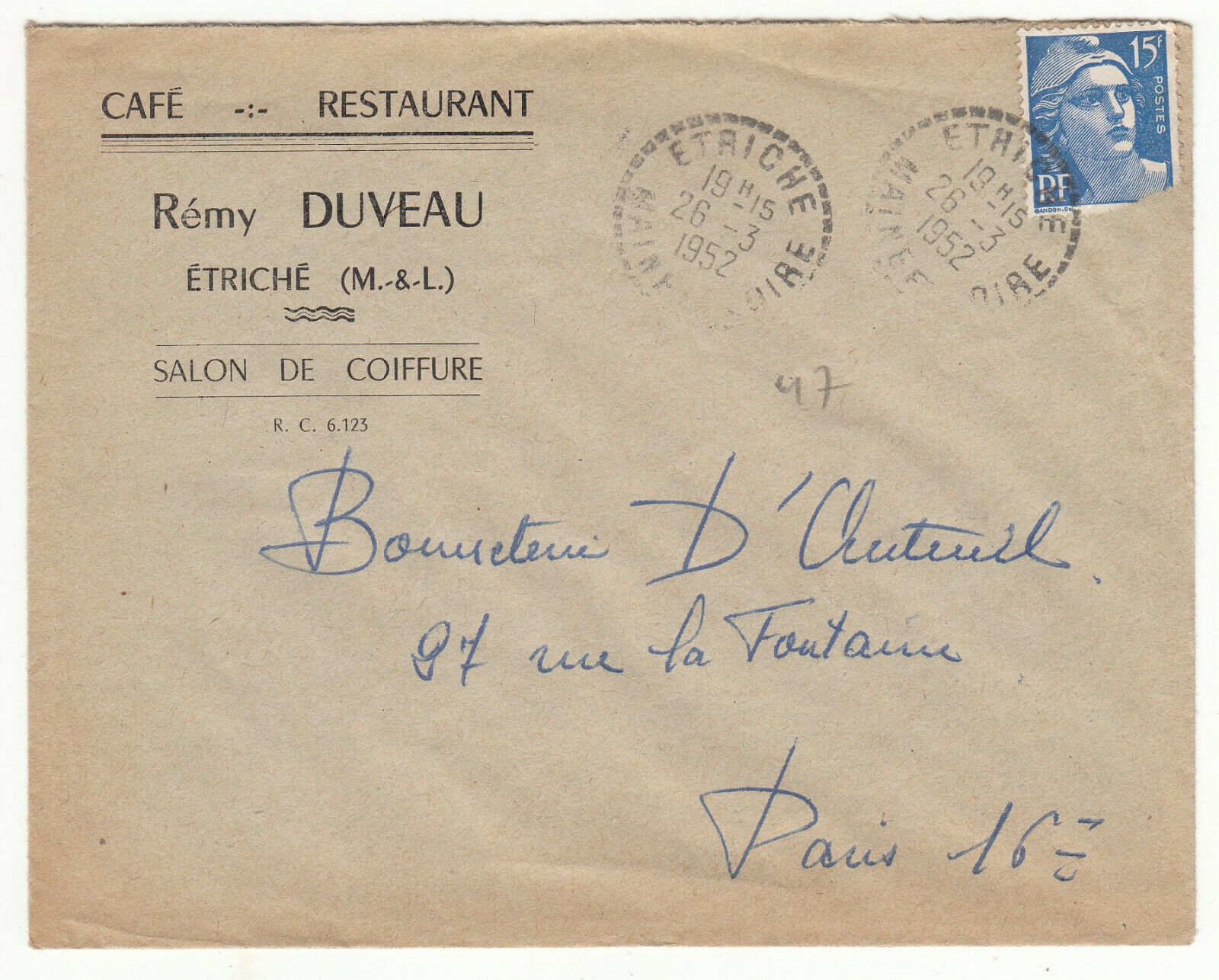 LETTRE PUBLICITAIRE COIFFEUR ETRICHE POUR PARIS 1952 GANDON CACHET PERLE 401880875274