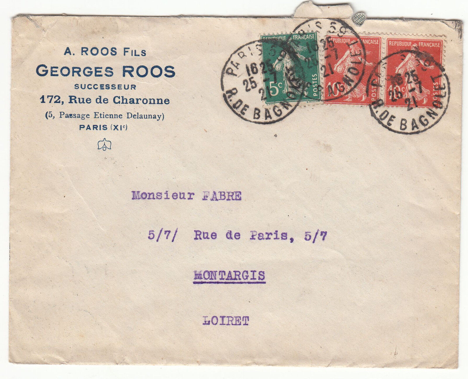 LETTRE PUBLICITAIRE GEORGES ROOS PARIS R DE BAGNOLET MONTARGIS 1921 122868144184