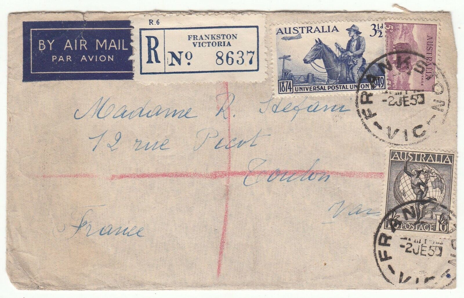 LETTRE RECOMMANDE AUSTRALIE FRANKSTON VICTORIA TOULON 1950 123748337204