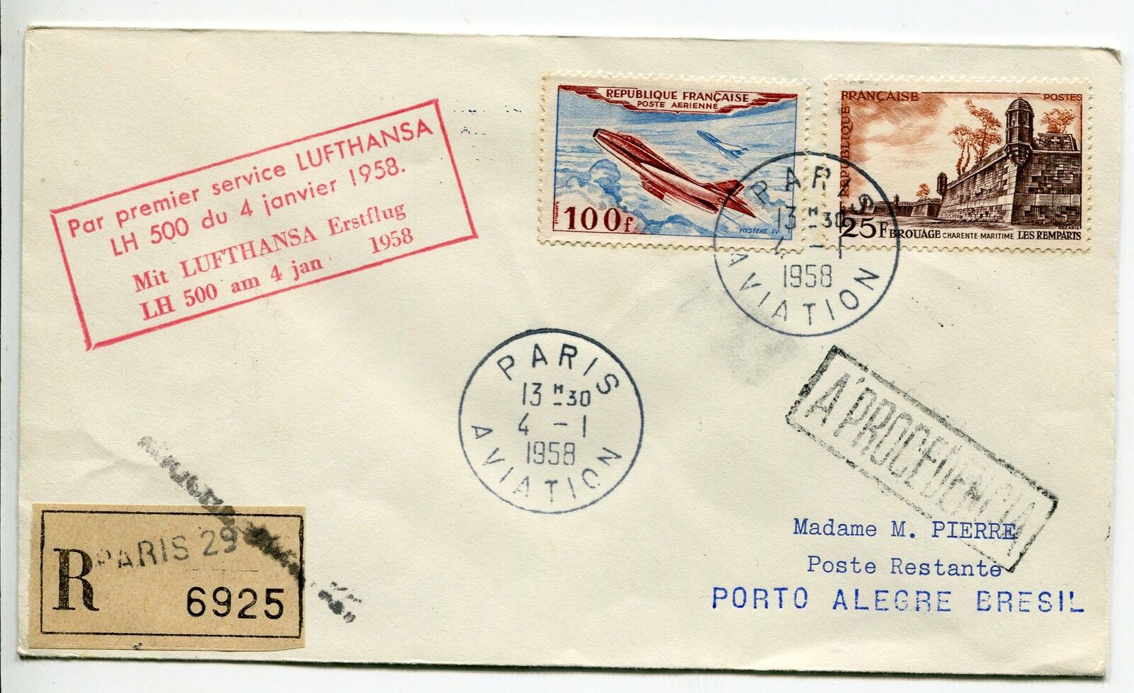 LETTRE RECOMMANDE PREMIER VOL PARIS PORTO ALEGRE BRESIL 1958 LUFTHANSA 400787479934