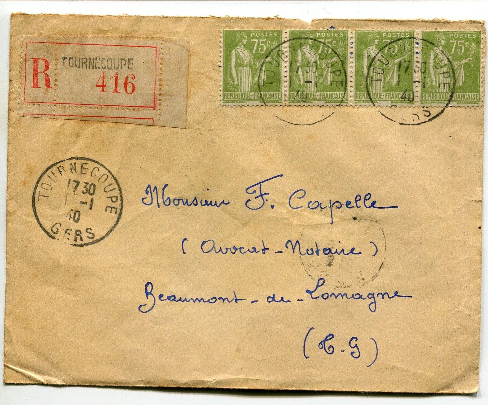 LETTRE RECOMMANDE TOURNECOUPE POUR BEAUMONT DE LOMAGNE 1940 121295964184