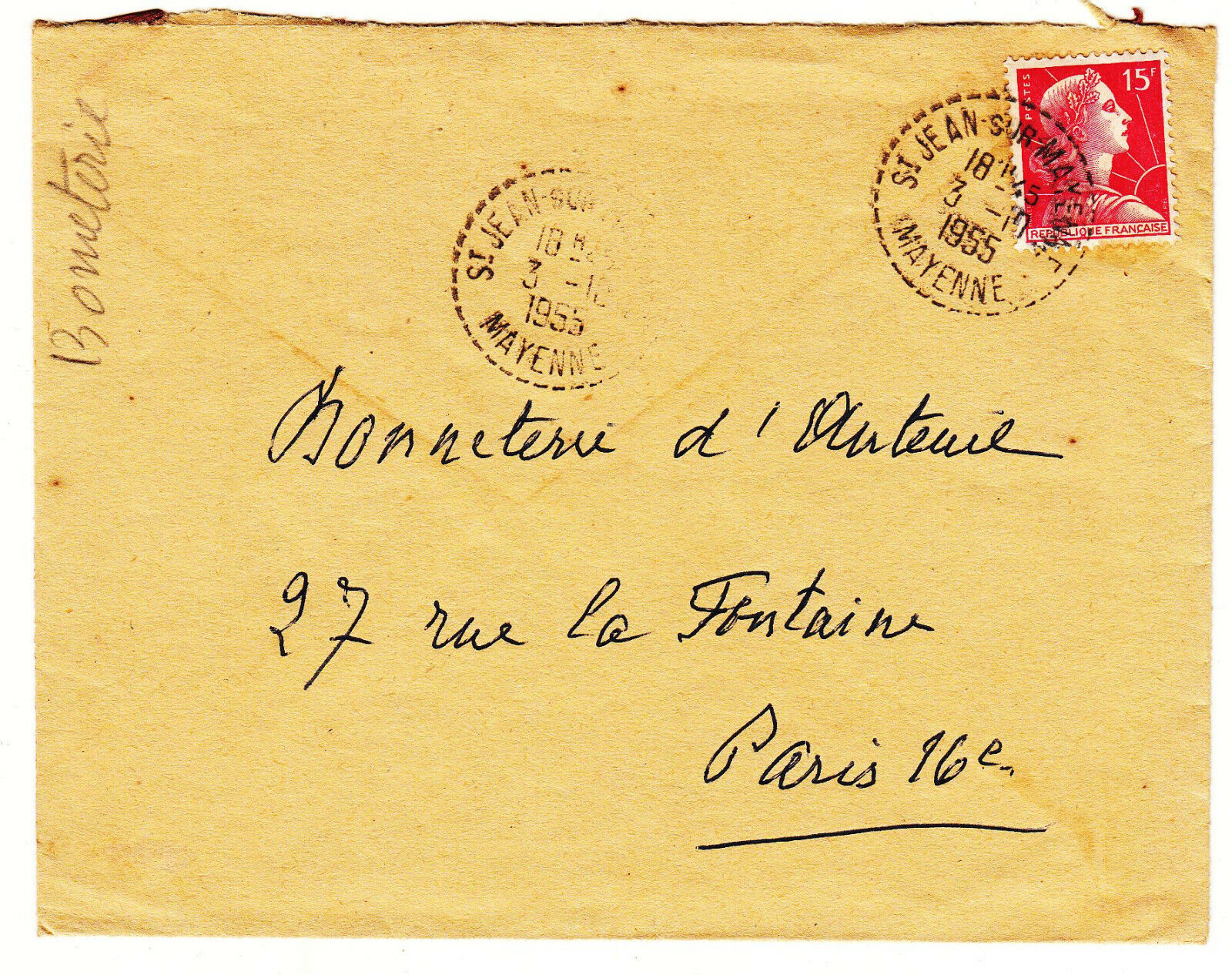 LETTRE ST JEAN SUR MAYENNE POUR PARIS SEUL SUR LETTRE GANDON CACHET PERLE 1955 123849427774