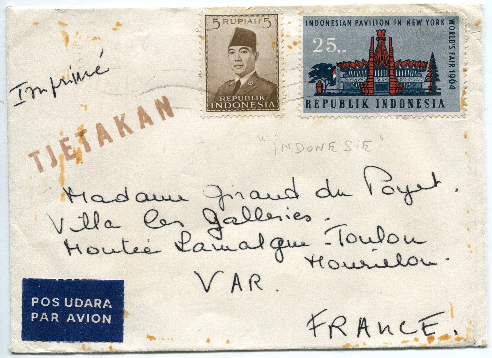 LETTRE TJETAKAN INDONESIE POUR TOULON PAR AVION AIR MAIL 400731684454