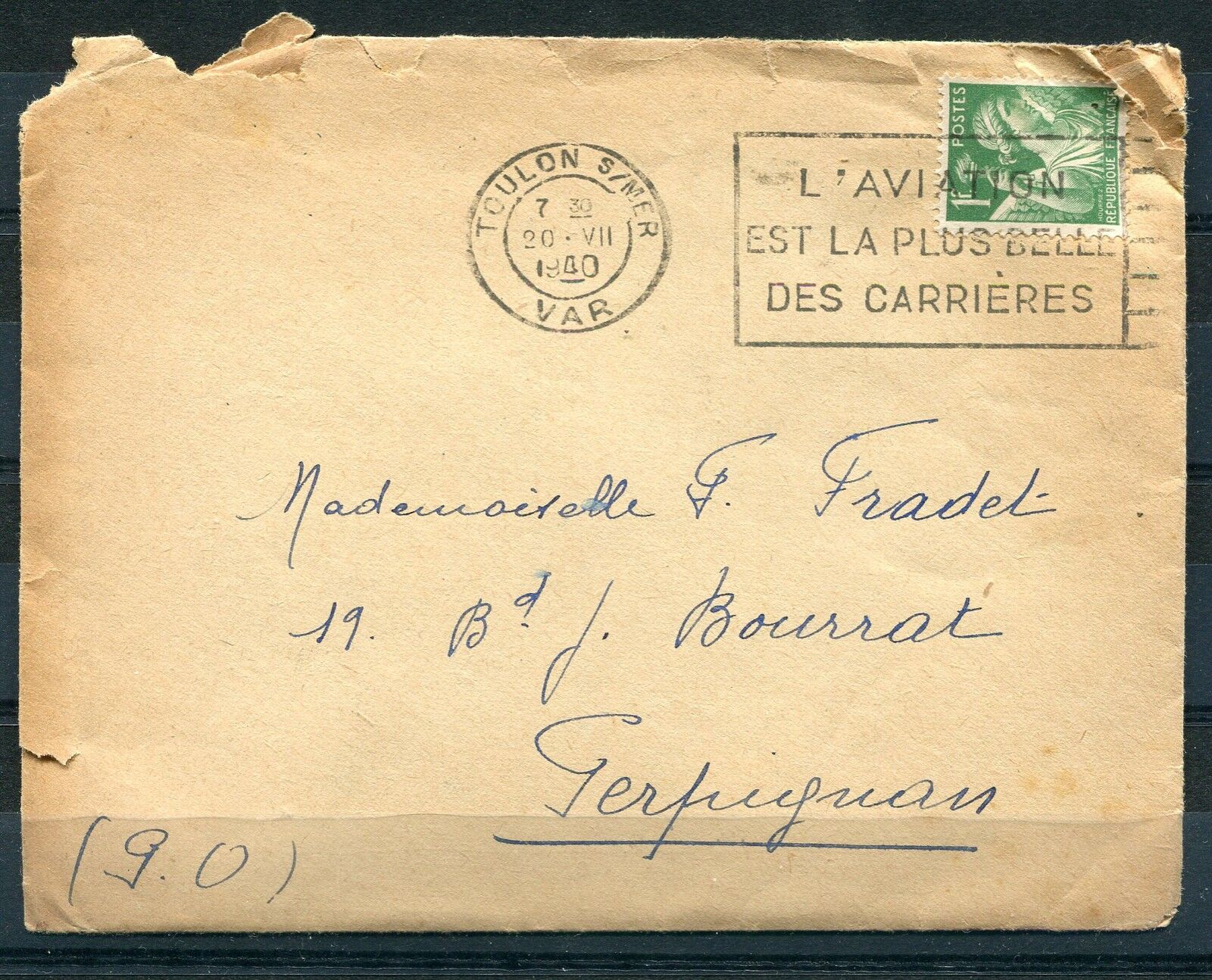 LETTRE TOULON POUR PERPIGNAN 1940 TIMBRE 432 L AVIATION EST LA BELLE CARRIERES 110753919314