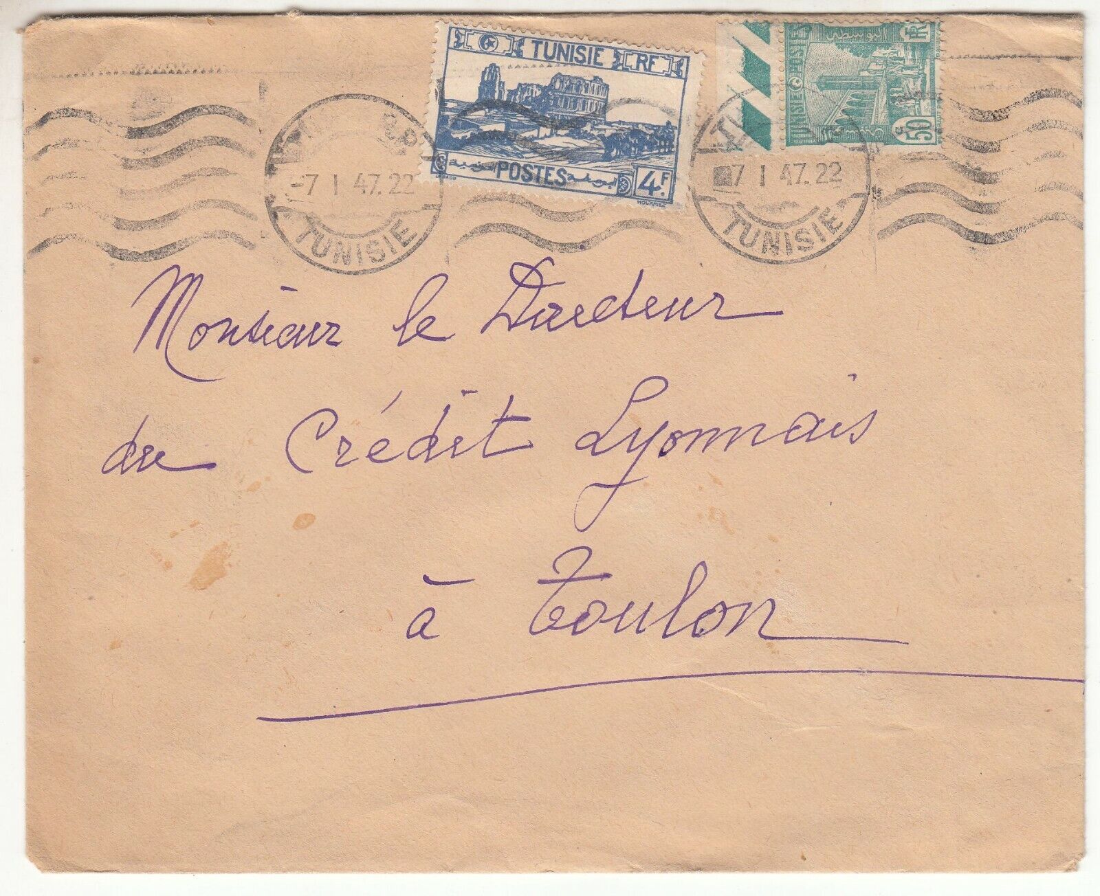 LETTRE TUNISIE TUNIS TOULON 1947 CREDIT LYONNAIS FLAMME 123745873514