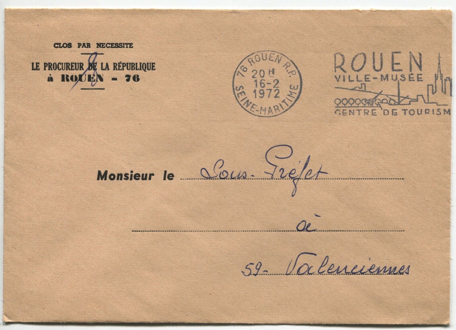 LETTRES PROCUREUR DE ROUEN POUR SOUS PREFET VALENCIENNES 1972 FLAMME 120964358934