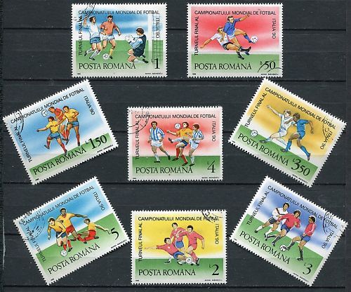 LOT DE 8 TIMBRES ROUMANIE THEMES FOOTBALL ITALIE 90 120658621254