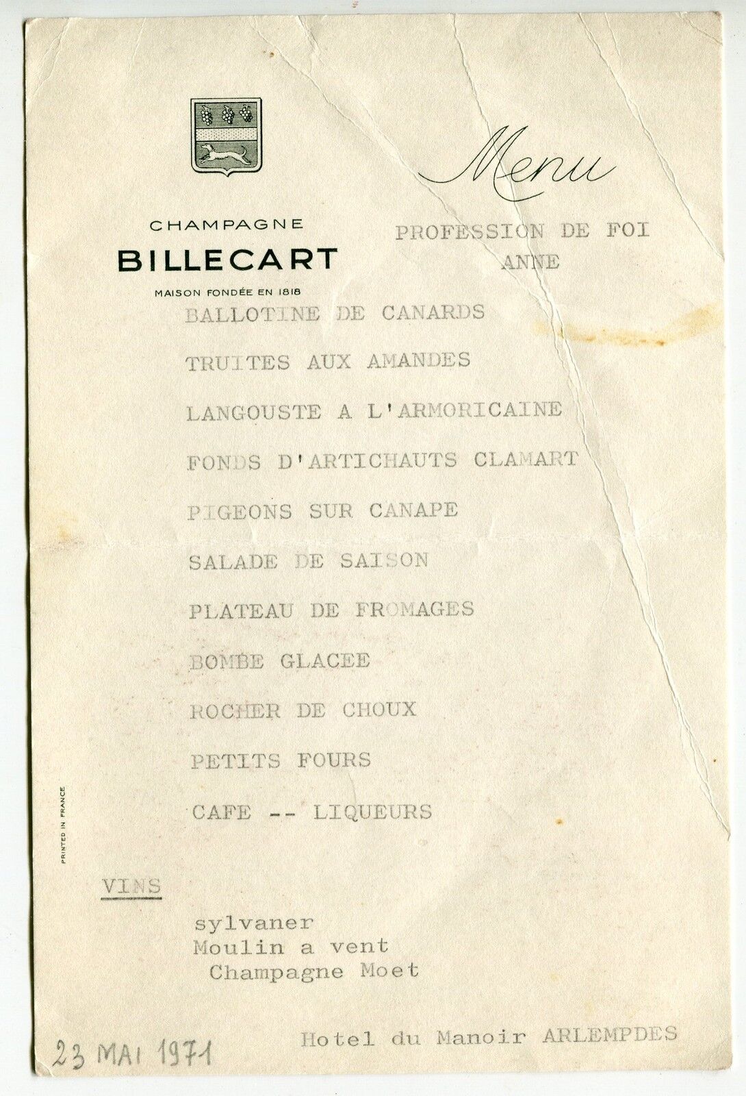 MENU PROFESSION DE FOI ANNE HOTEL DU MANOIR ARLEMPDES 1971 CAMPAGNE BILLECART 400765252724