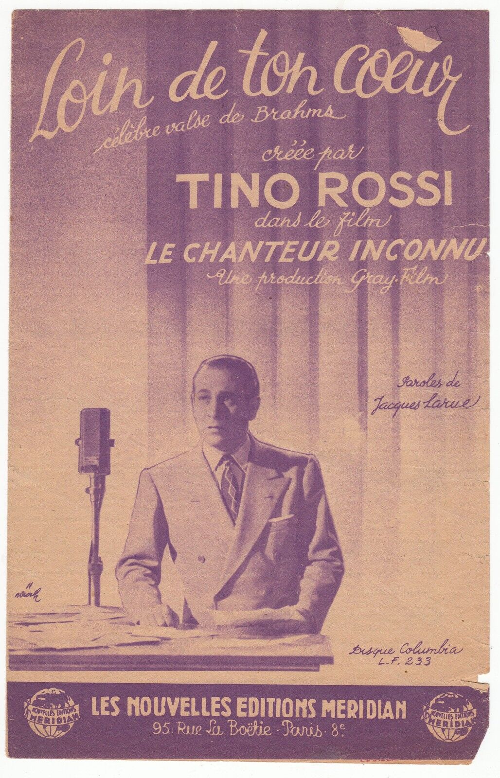 PARTITION ANCIENNE LOIN DE TON COEUR TINO ROSSI FILM LE CHANTEUR INCONNU 401070142884