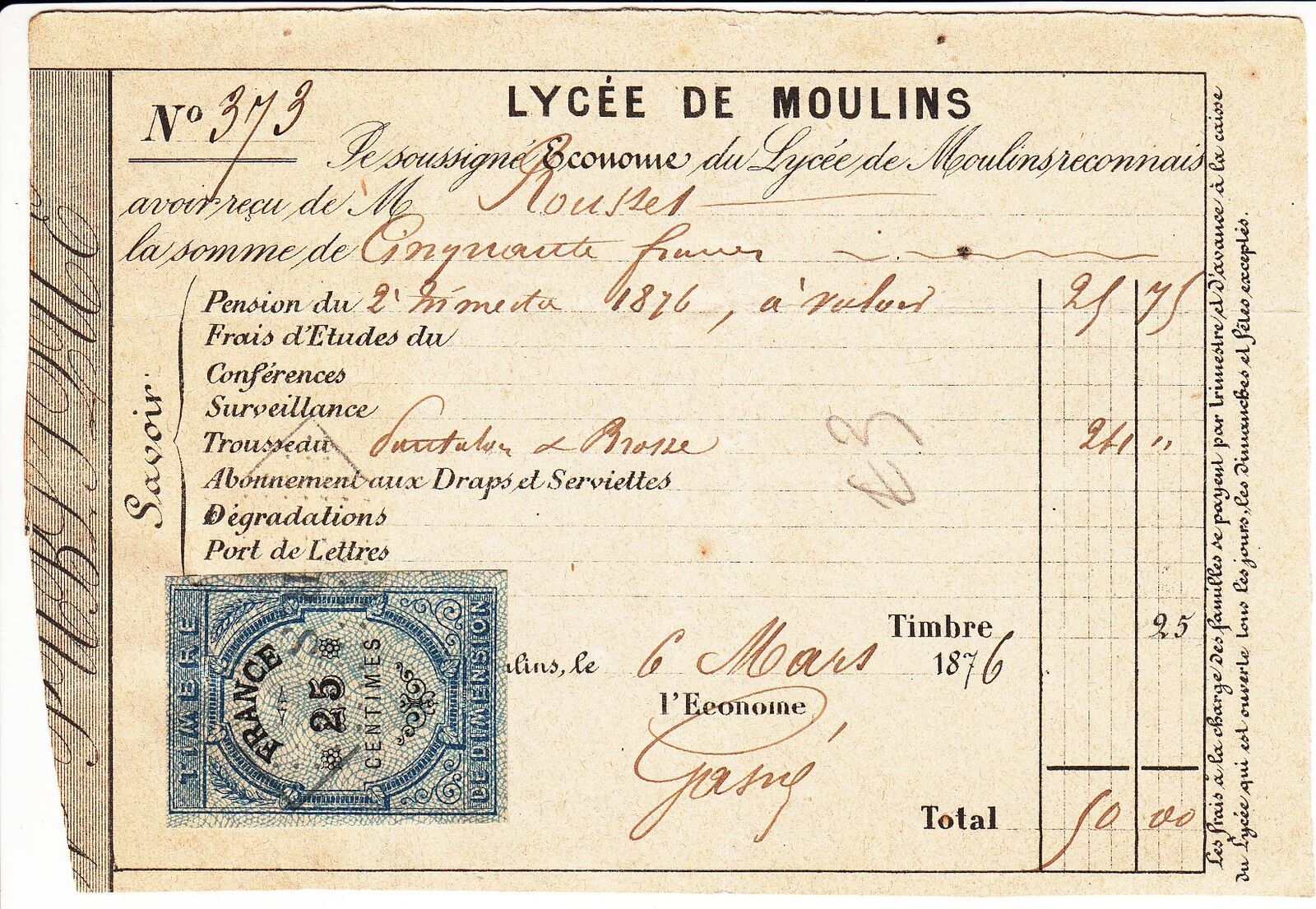 RECU DE PAIEMENT LYCEE DE MOULINS 1876 TIMBRES FISCAUX 401125704184