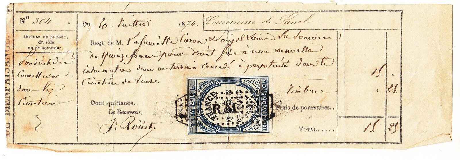 RECU PAIEMENT COMMUNE DE LUNEL 1874 TIMBRE FISCAL 121995961934