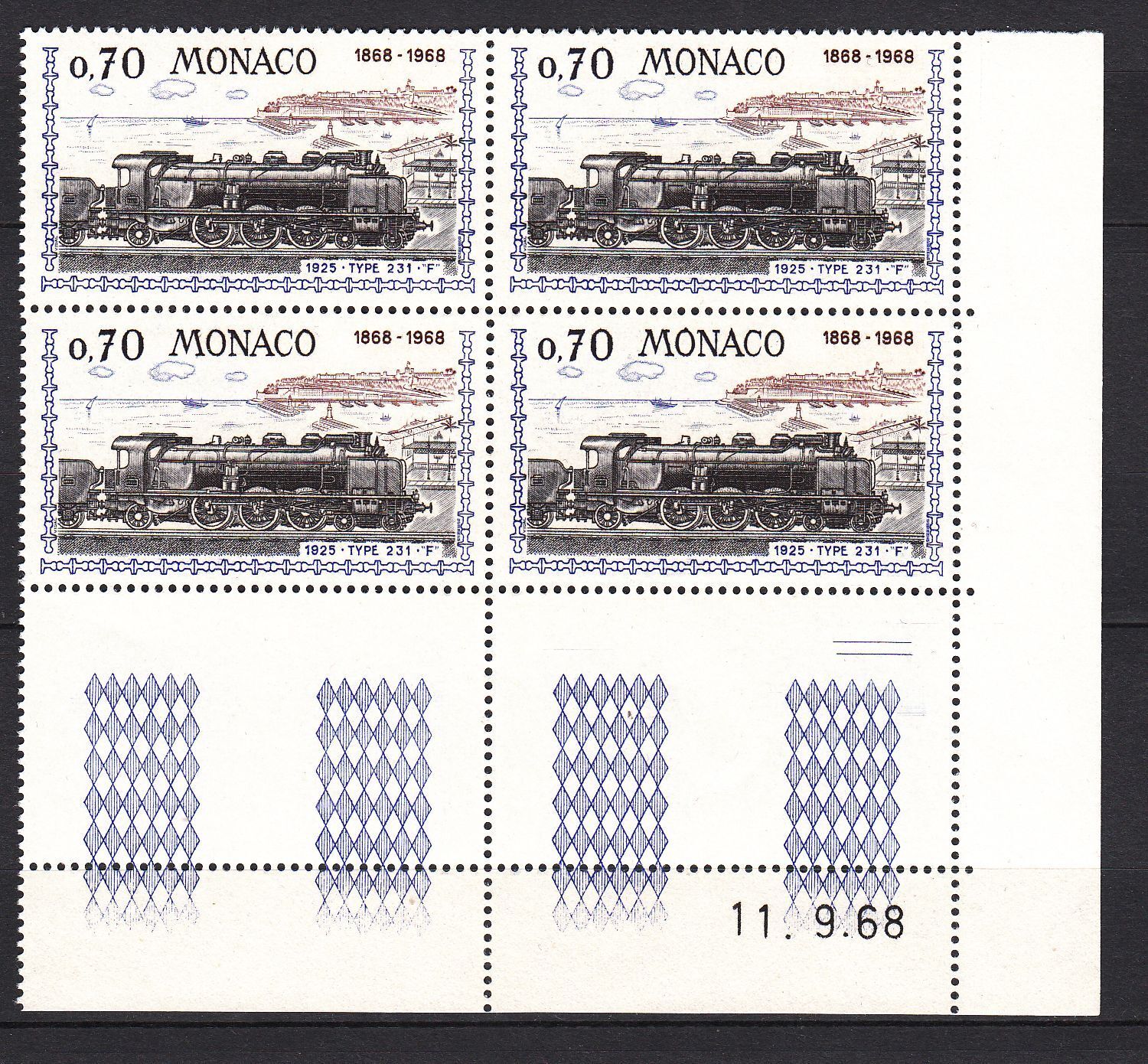 TIMBRE BLOC DE 4 COIN DATE MONACO NEUF N 755 LOCOMOTIVES PLM PACIFIC 1925 123287439054