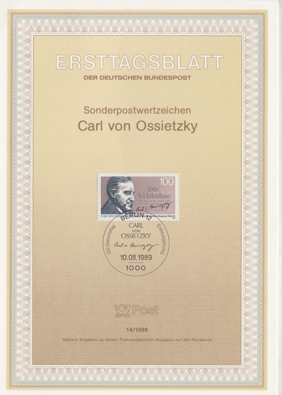 TIMBRE FDC ALLEMAGNE BERLIN OBL ERSTTAGSBLATT CARL VON OSSIETZKY 1989 401233102344