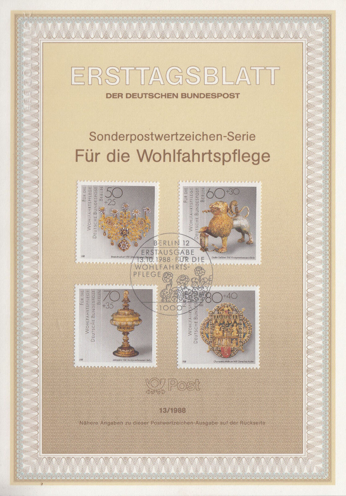 TIMBRE FDC ALLEMAGNE BERLIN OBL ERSTTAGSBLATT CHEFS D OEUVRE ORFEVRERIE 1988 401233127364